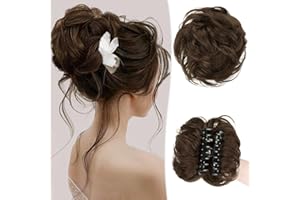‎RUWISS RUWISS Krallen Clip Messy Bun Haarteil Echthaar Wellig Lockig Chigno Haardutt Haarverlängerung Hochsteckfrisur Clip in Claw Pferdeschwanz Haarteile Haar Scrunchies für Damen（Mittelbraun）