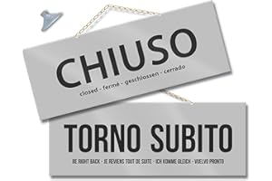 POLITARGHE Maxi Cartello CHIUSO e TORNO SUBITO per negozio vetrina studio laboratorio officina bottega (argento/argento)