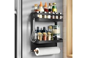 aceyoon Especiero Magnetico para Frigorífico, Estanteria Especias Cocina Multiuso 2 Niveles Organizador Especias con 4 Ganchos y Portarrollos Especieros para Cocina Ahorro de Espacio (Negro)