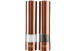 Cooks Professional Electric Salt and Pepper Mill Set | Battery Operated Automatic Grinders with Adjustable Course & Fine Grinding & One Touch Operation | Condiment Seasoning Grinder | Copper
