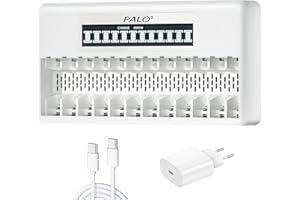 PALOGREEN 12 Slot Caricabatterie per Pile Ricaricabili AA e AAA - Intelligente Caricabatterie Ricarica Rapida con LCD per Batterie Ricaricabili al Litio AA/AAA da 1,5V Con Cavo di Ricarica Rapida USB Type-C