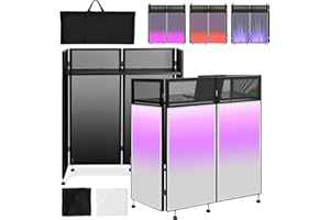 Kokorona Portable DJ Booth 108 x 51 x 115 cm, DJ Facade Booth with Black & White Scrims, Adjustable Folding DJ Booth for Party, DJ Facade Table Station with Cable Hole, Black Metal Frame + Carry Bag