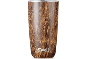 S'well Tumbler with Lid, 530ml, Teakwood, BPA/BPS-Free Vacuum Triple-Insulated Travel Cup with Slide-Open Lid, for Hot and Cold Beverages, At Home or Work up to 12h Cold/4h Hot