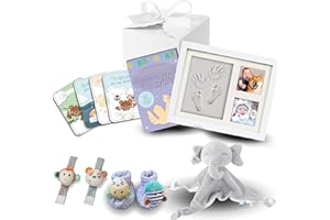 TENDS Canastilla Bebé Recién Nacido-Marco huellas bebé pies y manos de recuerdo-patucos bebe recien nacido con sonajero y manta doudou de bebé junto tarjetas cumple mes-Regalos para bebes recien nacidos