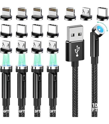 AUFU Magnetische oplaadkabel, USB C, set van 6 stuks (0,5 m 1 m 1 m 2 m 3 m), rotatie 540 graden (180 ° 360 graden), met magnetische aansluitingen, micro-USB en type C voor smartphones en AUFU Magnetische oplaadkabel, USB C, set van 6 stuks (0,5 m 1 m 1 m 2 m 3 m), rotatie 540 graden (180 ° 360 graden), met magnetische aansluitingen, micro-USB en type C voor smartphones en
