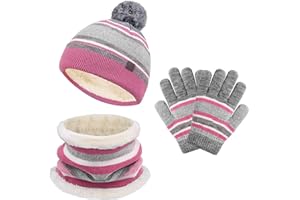 MORIASTER Kinder Wintermütze Schal Handschuhe Set, Baby Kleinkind Strick Beanie Neck Warmer Gamaschenhandschuhe 3PC, Pom Stripe Caps für Jungen Mädchen Kinder…