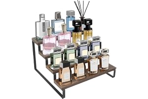 Yuhtech 4-nivåers trädisplayställ, produkterdisplayhylla, parfymorganiseringsställ, kryddställorganiserare, trästegshyllförva