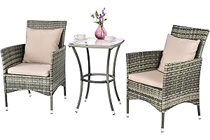GIANTEX Balkonmöbel Kleiner Balkon, Rattan Gartenmöbel Set Bistrotisch mit 2 Stühlen, Balkonmöbel Set 3 teilig inkl. Kissen, Balkon Möbel für kleinenBalkon, Balkonset 2 Stühle 1 Tisch für 2 Personen