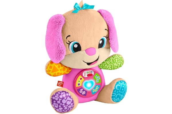 Fisher-Price Rires et Éveil Peluche musicale rose avec activités d’éveil Sis Éveil Progressif, pour bébés et enfants +6 mois, multilingue: Néerlandais, anglais, français, allemand, italien, JFD31