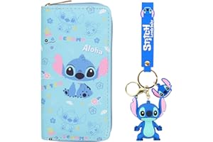 WINRIC Stitch Wallet with Stitch Keychain Set Cartoon Purses PU Purse Long Stitch Wallets and Keychains Stitch Gifts for Girls Women (C-1)
