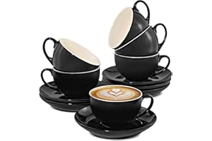 COSUMY Set di 6 Tazze da Cappuccino Nere con Piattini - Ceramica - Lavabile in Lavastoviglie - Con Scatola Regalo - 180 ml