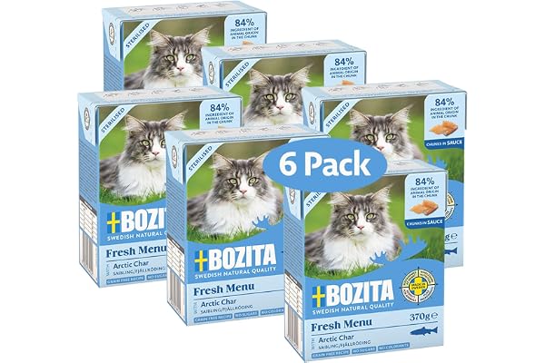Bozita Tetra Sterilised Bitar i sås med röding – 6x370g spannmålsfritt, sockerfritt våtfoder för katter – utan genteknik, med