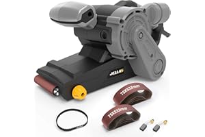 Levigatrice a Nastro Jellas, 12 Nastri Abrasivi 75 X 533MM, 6 Velocità 360-560 RPM, 1000W Levigatrice Elettrica con Contenitore Microfilter e 3m per Smerigliare, Sverniciare e Lucidare