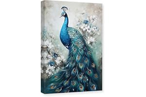 CXHOSTENT Eleganz-Pfau-Leinwandkunst Tiergemälde Druck Vintage-Stil blauer Pfau und Weißes Blumenbild Kunstwerk Dekorrahmen (Pfau - 1, 40.00 x 60.00 cms)