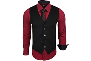 Subliminal Mode - Gilet + Chemise + Cravate Homme Col Bicolore Uni Manches Longues Coupe Ajusté Business Repassage Facile RN33