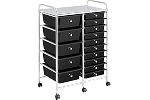 Yaheetech 15 Drawers Plastic Storage Cart, Multipurpose Mobile Organizer Unit with 4 Lockable Wheels, Utility Rolling Trolley for Home Office School Salon & Beauty, Black