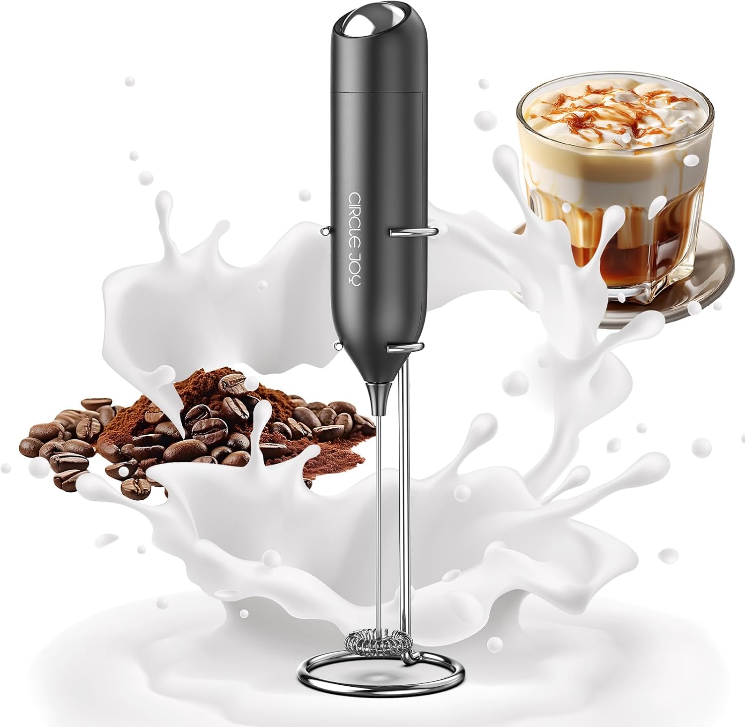 CIRCLE JOY Montalatte a Mano con Supporto, Frullino Montalatte Elettrico, a Batteria Mini Schiumatore per Latte, Cappuccino, Matcha, Regalo da Cucina, Nero