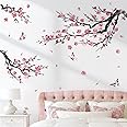decalmile Watercolor Pink Flower Branch Wall Decals Blossom Tree Branches Floral Wall Stickers Living Room Bedroom Sofa TV Background Wall Decor