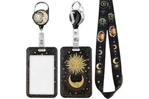 Juanooo Black Neck Lanyard for Keys ID Card Holder with Lanyard & Retractable Badge Reel Clip Key Lanyard for Women Men Girls for ID Badges Doctors Nurse Cool Moon Sun Badge Reel Lanyard