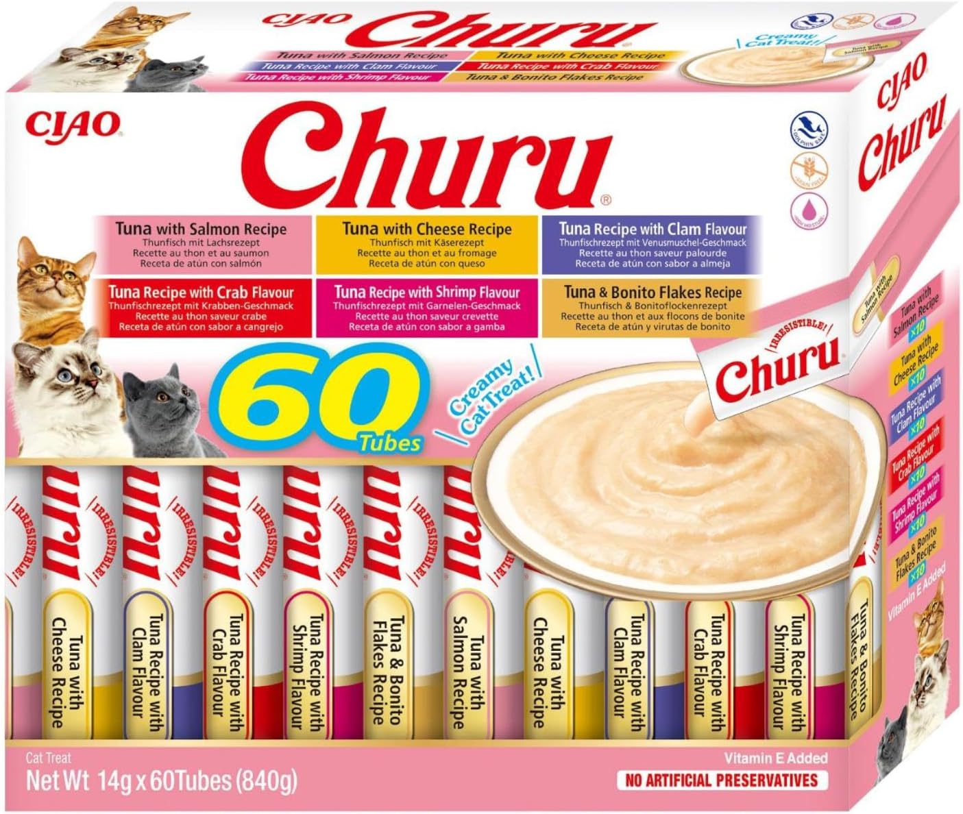 INABA Churu Gatos - 6 Recetas de Snacks Saludables a Base de Atún -Deliciosos Premios con Textura Suave y Cremosa - Natural, Sin Cereales, Sin Conservantes, Sin Colorantes - 840g (60x14g)