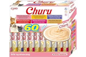 INABA Churu Snack per Gatti Cremoso in 4 Varietà al Tonno - 60 Stick x 14g - Cibo per Gatti da Leccare, Sano e Delizioso - Snack Gatto Senza Conservanti o Coloranti Artificiali, Grain-Free