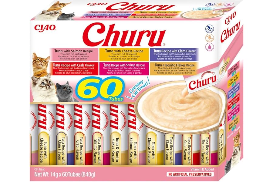 INABA Churu Gatos - 6 Recetas de Snacks Saludables a Base de Atún -Deliciosos Premios con Textura Suave y Cremosa - Natural, 