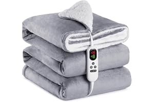 MIA&COCO Koc ogrzewany koc elektryczny 180 x 130 cm, flanela Sherpa, 10 poziomów temperatury, 1-9 godzin automatycznego wyłączania, wyświetlacz cyfrowy, można prać w pralce, certyfikat ETL