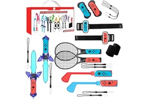 Switch Sport zubehör Bundle - Nargos 12-in-1-Set für Switch & Switch OLED: Joy-Con-Griffe für Mario Golf Super Rush, Handgelenkbänder & Beinhalterungen, komfortable Griffhülle und Tennis-Schläger