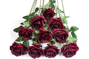 DuHouse 10 rose finte artificiali in seta con fiori di rose finte, bouquet lungo per arrangiamento, centrotavola per matrimoni, feste, casa, cucina(bordeaux)