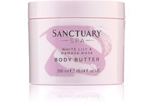 Sanctuary Spa Burro per il corpo, crema idratante corpo al giglio bianco e rosa damascata con burro di karité, vegana e cruelty free, 300 ml