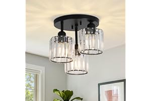 ‎RAYOFLY Rayofly Modern Kristall Deckenleuchte, 3-flammig Kristall Kronleuchter mit Glas Lampenschirm, Deckenlampe Hängend Wohnzimmer, Glas Pendelleuchte für Schlafzimmer, Küche, Flur, Badezimmer, Schwarz
