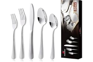 KitchenBoss Cubiertos Acero Inoxidable: Cuberterias Completas 6 Personas, Juego de Cubiertos 30 Piezas, Apto para Lavavajillas, Color Plata