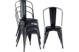 Hironpal Metal Dining Chairs Set of 4-Stackable Dining Chairs-Tolix Chairs with Detachable Backrest for Kitchen Dining Room Bistro Cafe（Matte Black