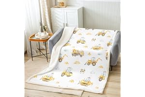 Loussiesd Kinder Niedlich Bagger Kuscheldecke Jungen Fahrzeuge LKW Auto Wohndecke Maschinen Bulldozer Kran Stil Decke 130x150cm Baustelle Flanell Fleecedecke Gelb Weiß Zimmer Dekor