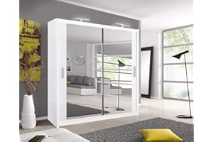 A.C. Milan German Modern Double Mirror sliding door wardrobe with LED Light Width 100cm/120cm/150cm/180cm/203cm/250cm (White, 120 CM)