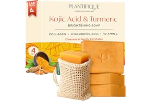 PLANTIFIQUE Turmeric & Kojic Acid Soap | Savon Visage Corps au Curcuma avec Sac Filet | Skincare Coréenne Anti Tache Antiseptique Femme Homme | Savon Éclaircissant Peau Noir Rapide Efficace | 4 Barres
