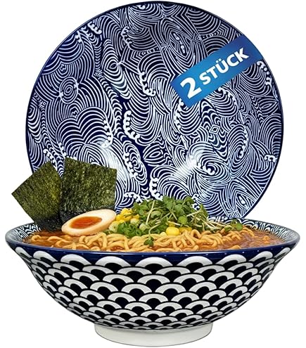 Traditionele - Ramen bowl - Hana blauw - Japanse kom - Porselein - Ramen kommen - Serveerschaal - Saladeschaal - Mengkom - Slakom - Fruitschaal - Noodle bowl - Soepkom - Ramen schaal - Japans servies