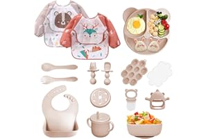 Bizcasa Vajilla Bebe Silicona, 14 Piezas Vajilla de Silicona para Bebés Antideslizante, Cubiertos Bebe para comer destete, Sin BPA, Con Baberos de manga larga Taza Plato Cuenco (Beige)