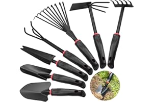 KINGOZOYI 7 Stück Gartengeräte, Kohlenstoffstahl Garten Werkzeug Set mit Unkrautstecher Doppelhacke Handrechen Kleingrubber Blumenrechen Gartenkelle für Pflanzen und Gartenarbeit