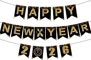 IWIIO New Years Eve Party Decorations 2026 - Glitter Black Gold Happy New Year 2026 Banner, Hanging Bunting for New Year's Eve Party Supplies Decorations - Home Holiday Decorations