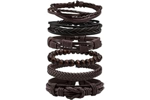 MILAKOO 6Pcs Braided Leather Bracelets for Men Women Wood Beads Bracelet Adjustable