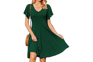 Zeagoo Letnia sukienka damska z krótkim rękawem, sukienka plażowa z dekoltem w serek, na czas wolny, lekka, na co dzień, sukienka midi, luźna sukienka z kieszeniami, S-XXL