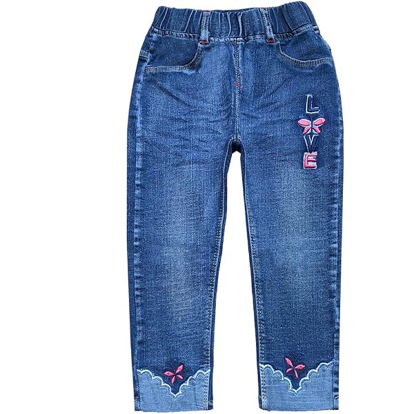 Pantalon Jeans Fille Brodé Fleuri - Style Cargo Carotte, Taille 3 à 12 Ans (Coton Dénim)