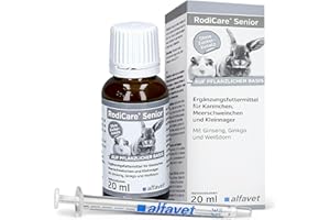 alfavet Rodicare Senior, karma uzupełniająca dla starszych królików, świnek morskich i małych gryzoni, z żeń-szeniem, miłorzębem, głogiem, bez cukru, tonik z strzykawką dozującą, 20 ml