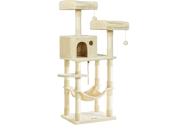 Feandrea Arbre à Chat Hauteur 143 cm, Tour de Jeux pour Chat, avec 11 Poteaux à Griffer, 2 Plateformes, 1 Niche, 1 Hamac, 2 Pompons, en Tissu Peluche, Plusieurs Niveaux, Beige PCT15BE