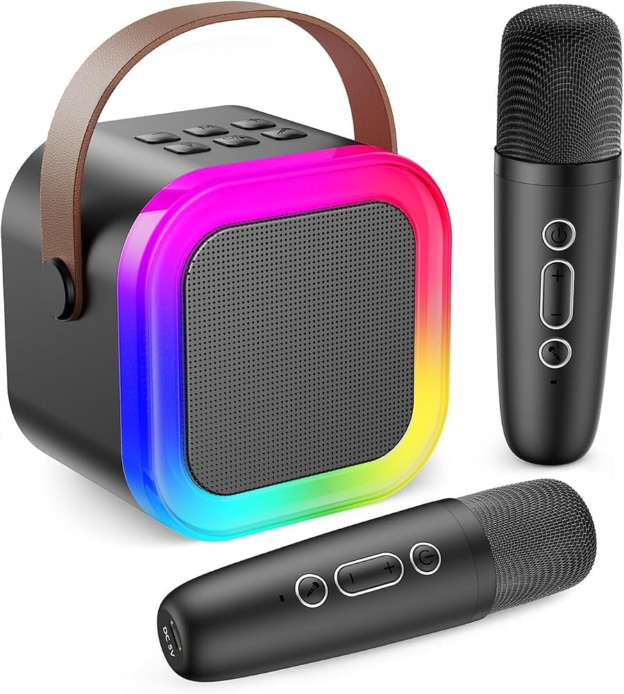 Robeve Blic 2 Mikrofonlu Çocuk Karaoke Hoparlör ve Bluetooth Hoparlör – LED Işıklı Mini Karaoke Seti, 6 Farklı Ses Efekti, Uzun Pil Ömrü, Taşınabilir Çocuk Mikrofonu ve Müzik Eğlence Seti Siyah