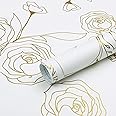 Rylan 45 * 300 Peel and Stick Wallpaper Gold and White Contact Paper Floral Wallpaper Self Adhesive Removable Wallpaper for Bedroom Covering Vinyl Rolls(White & Gold)