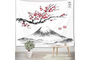 LB 150x100cm Tapisserie Murale Fleur de cerisier rouge Tenture Murale Montagne gris Couverture Murales Japonais Tapisseries Decoration Murales pour Maison Salon Chambre Dortoir