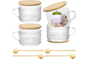 Pgtc Zestaw 4 dużych filiżanek do kawy, 400 ml, szklanki do cappuccino w stylu vintage, z pokrywką i łyżeczką, nadają się do latte macchiato, cappuccino, idealnie nadają się do herbaty, owsianki,