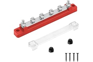 QIMEI-SHOP Blocco di Distribuzione dell'alimentazione 12V-48V DC Busbar 150A Morsettiera di Alimentazione con 6 x M6 Terminale a Bolts per Auto Camion Barca Rosso